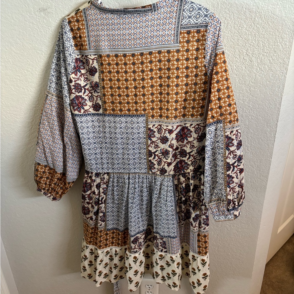 Zara Patchwork Mini Dress in Cream, Brown and Blue - Picture 2 of 5